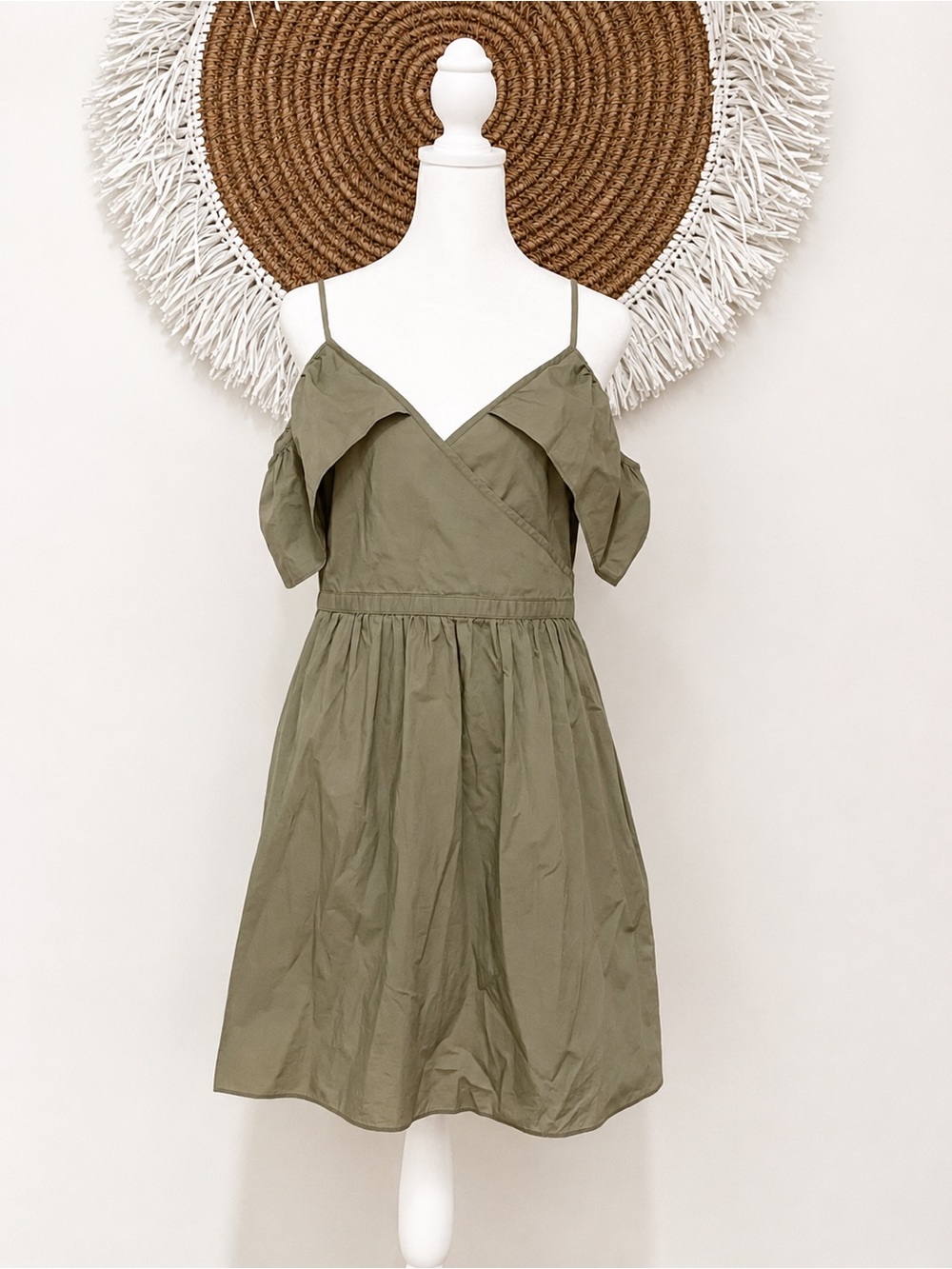 Madewell Off Shoulder Cold Shoulder Cotton Mini Dress Khaki Green